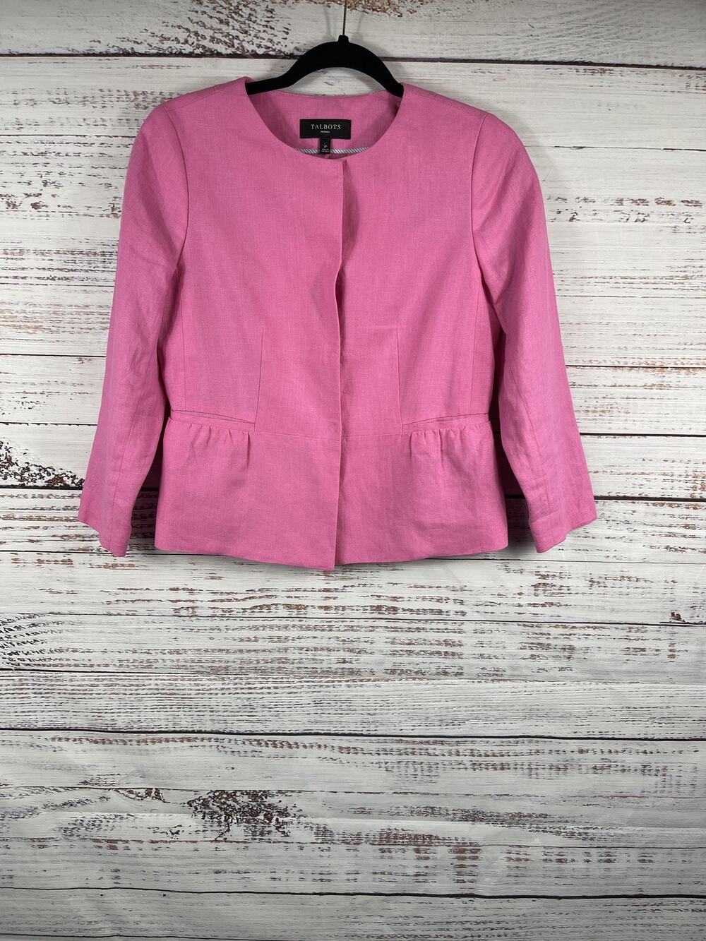 Talbots Blazer SZ 2P Pink 100% Linen Peplum Open Front Lined Career Work Jacket